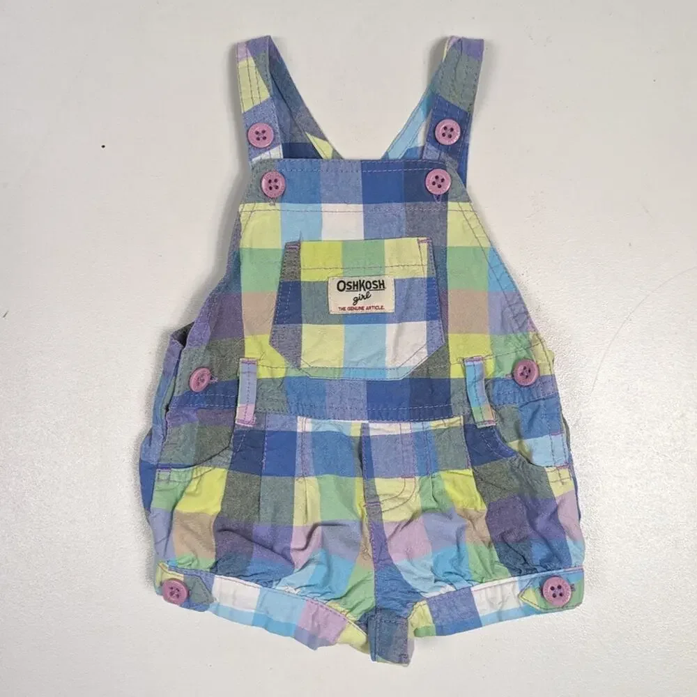 Oshkosh Bgosh Bubble Overalls Baby Girls Sz 6m Blue Pastel Plaid